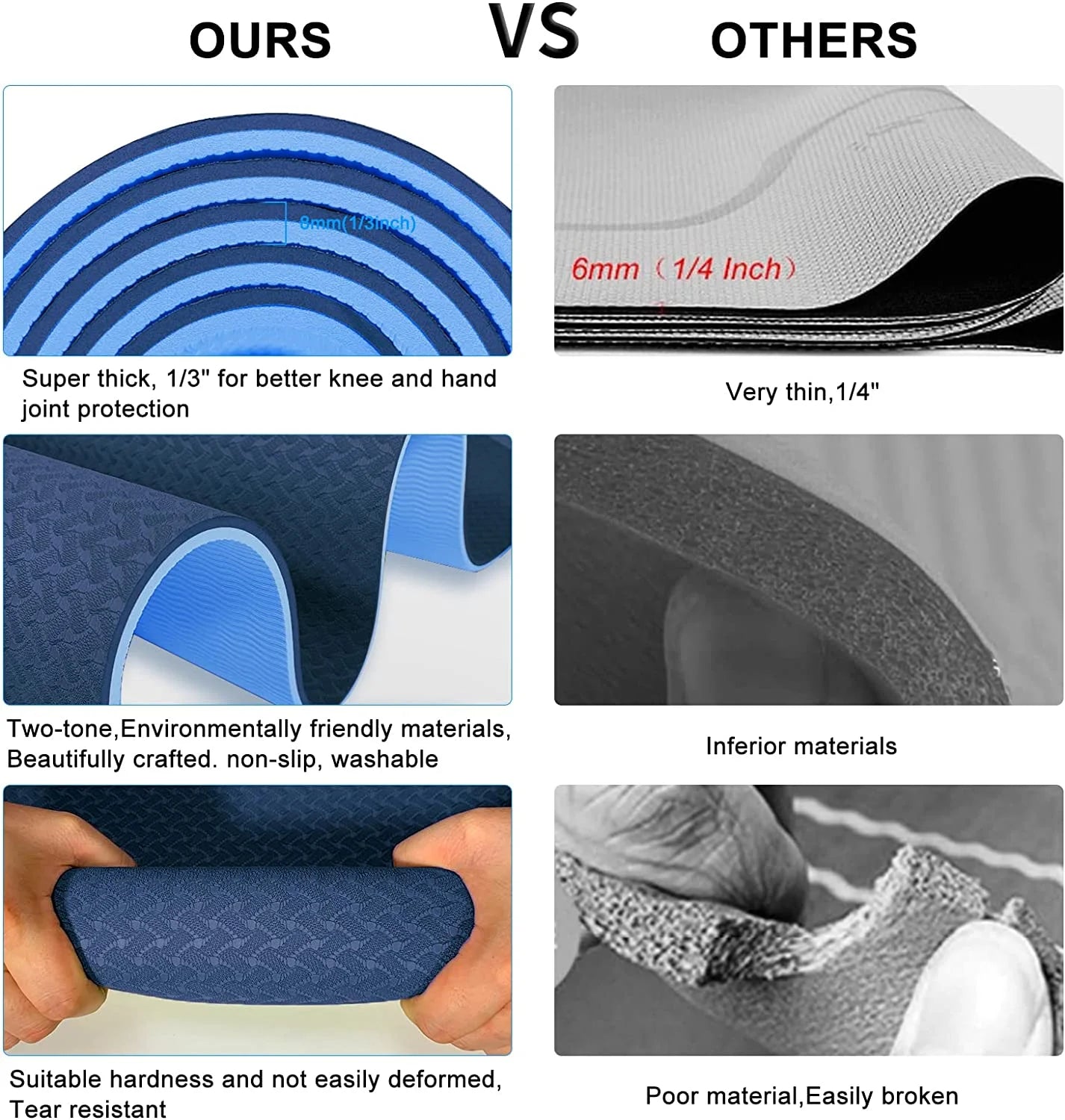 Yoga Mat 1/3 Inch Exercise Mats 8Mm TPE Non-Slip Extra Thick High-Density Eco Friendly for Yoga Workout Pilates Yoga Mats for Women Men