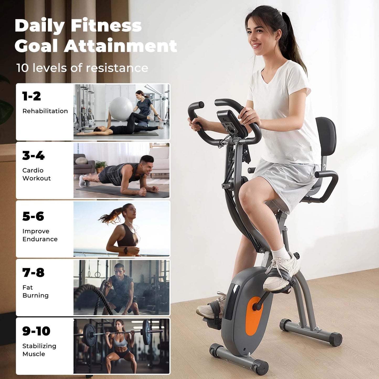 Folding Exercise Bike 3 in 1 Magnetic Stationary Recumbent Bike 10 Level Resistance for Home Use with Arm Resistance Bands