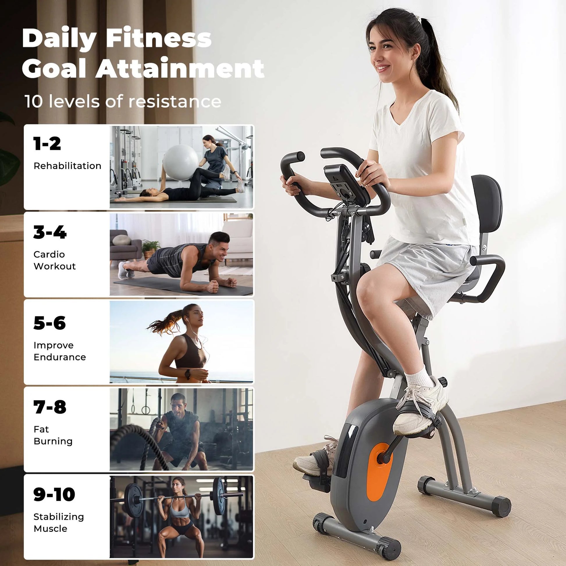 Folding Exercise Bike 3 in 1 Magnetic Stationary Recumbent Bike 10 Level Resistance for Home Use with Arm Resistance Bands