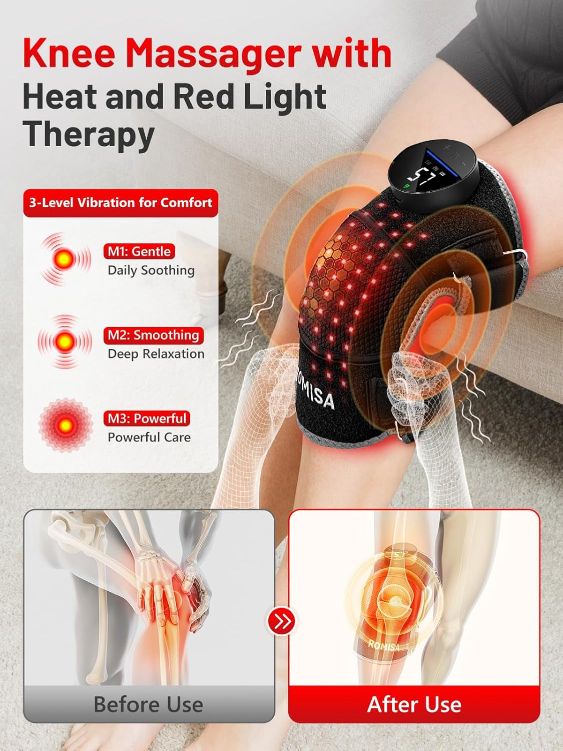 Red Light Therapy Knee Brace with Heat & Massage, Cordless Rechargeable Controller, 20Min Auto Timer, 660Nm & 850Nm near Infrared Light Therapy Device for Knee/Elbow/Shoulder, for Women Men.