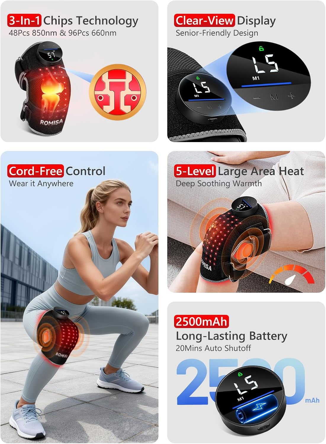 Red Light Therapy Knee Brace with Heat & Massage, Cordless Rechargeable Controller, 20Min Auto Timer, 660Nm & 850Nm near Infrared Light Therapy Device for Knee/Elbow/Shoulder, for Women Men.
