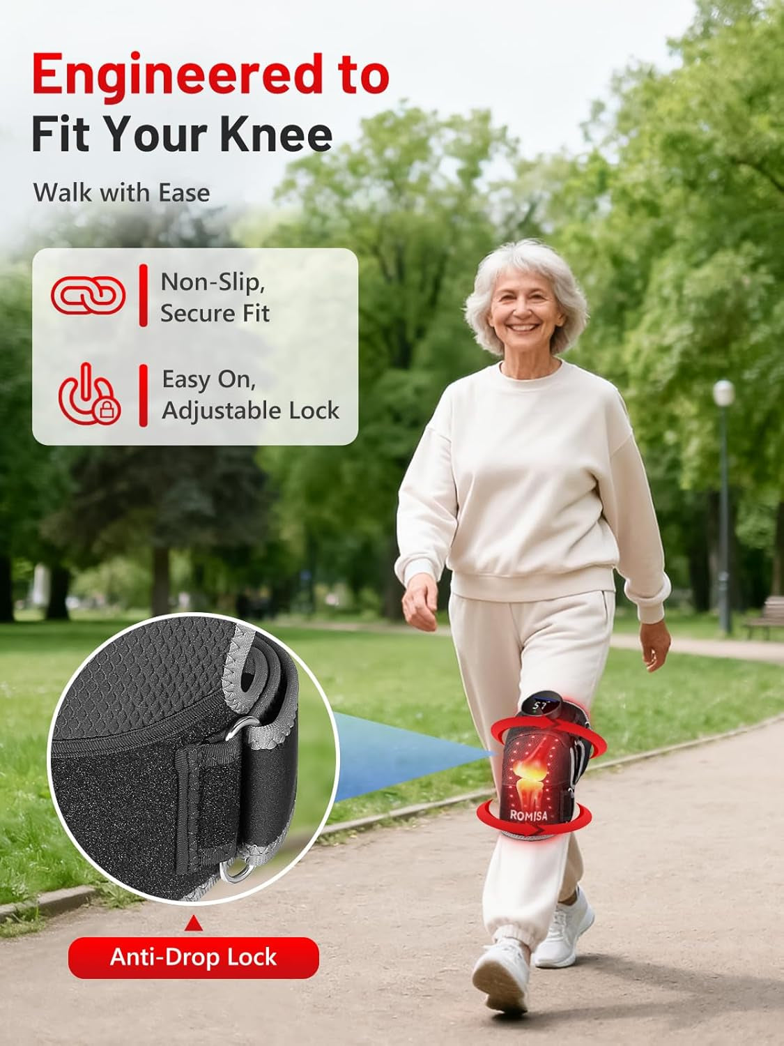 Red Light Therapy Knee Brace with Heat & Massage, Cordless Rechargeable Controller, 20Min Auto Timer, 660Nm & 850Nm near Infrared Light Therapy Device for Knee/Elbow/Shoulder, for Women Men.