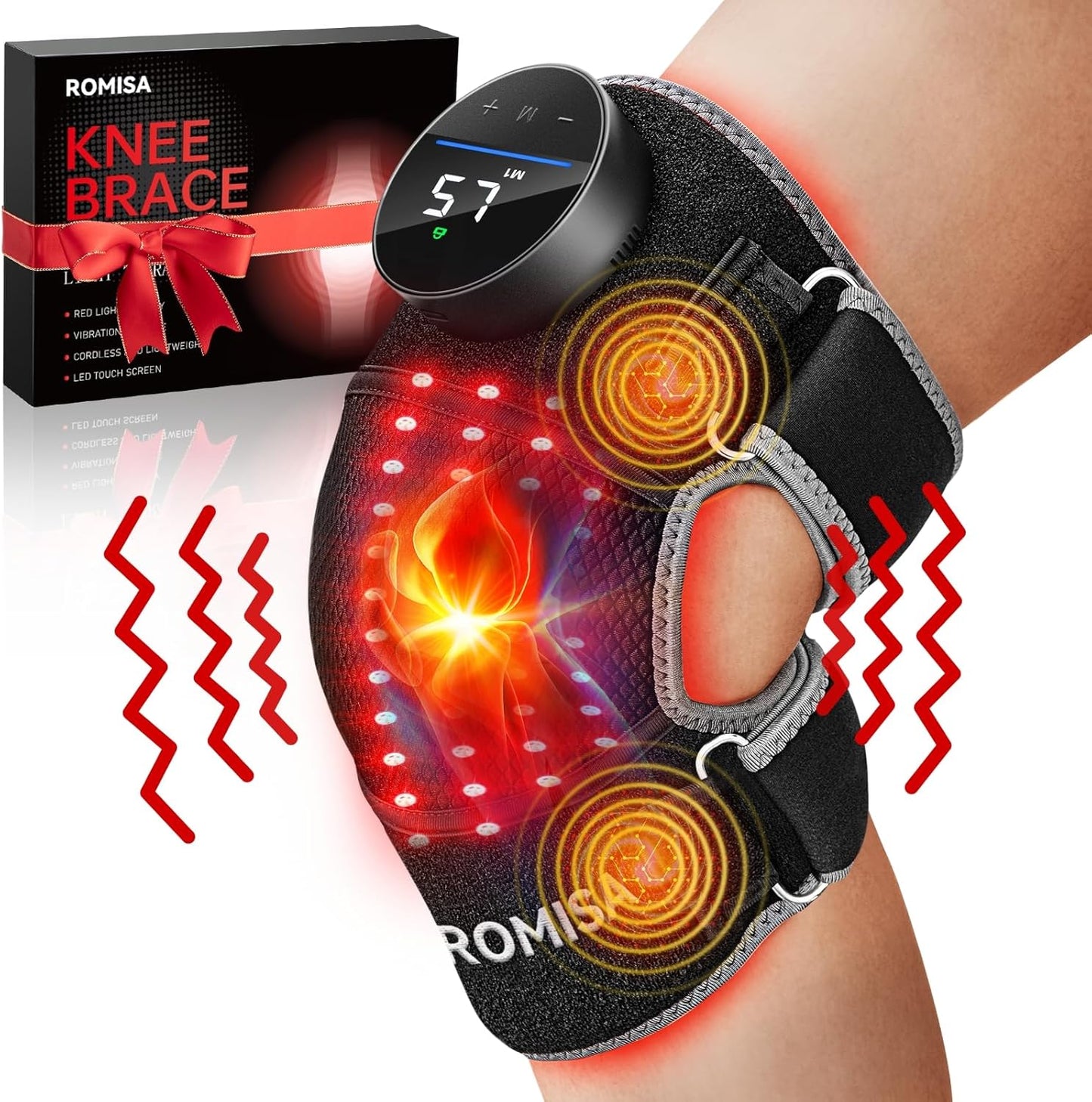 Red Light Therapy Knee Brace with Heat & Massage, Cordless Rechargeable Controller, 20Min Auto Timer, 660Nm & 850Nm near Infrared Light Therapy Device for Knee/Elbow/Shoulder, for Women Men.