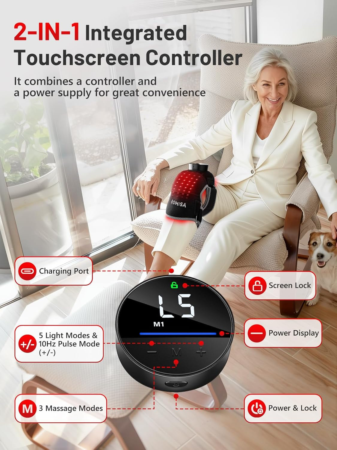 Red Light Therapy Knee Brace with Heat & Massage, Cordless Rechargeable Controller, 20Min Auto Timer, 660Nm & 850Nm near Infrared Light Therapy Device for Knee/Elbow/Shoulder, for Women Men.